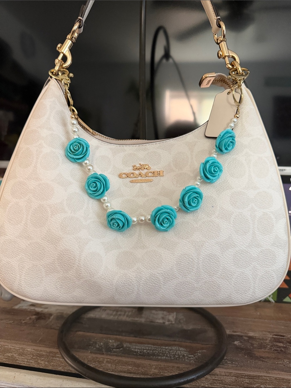 Turquoise Rose & Pearl Purse charm